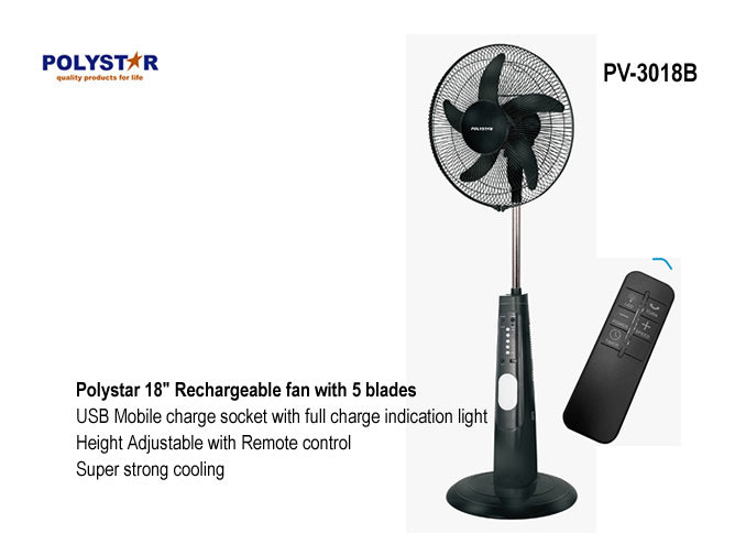 Polystar Pv-3018Busb 18Inch Rechargeable Fan Black