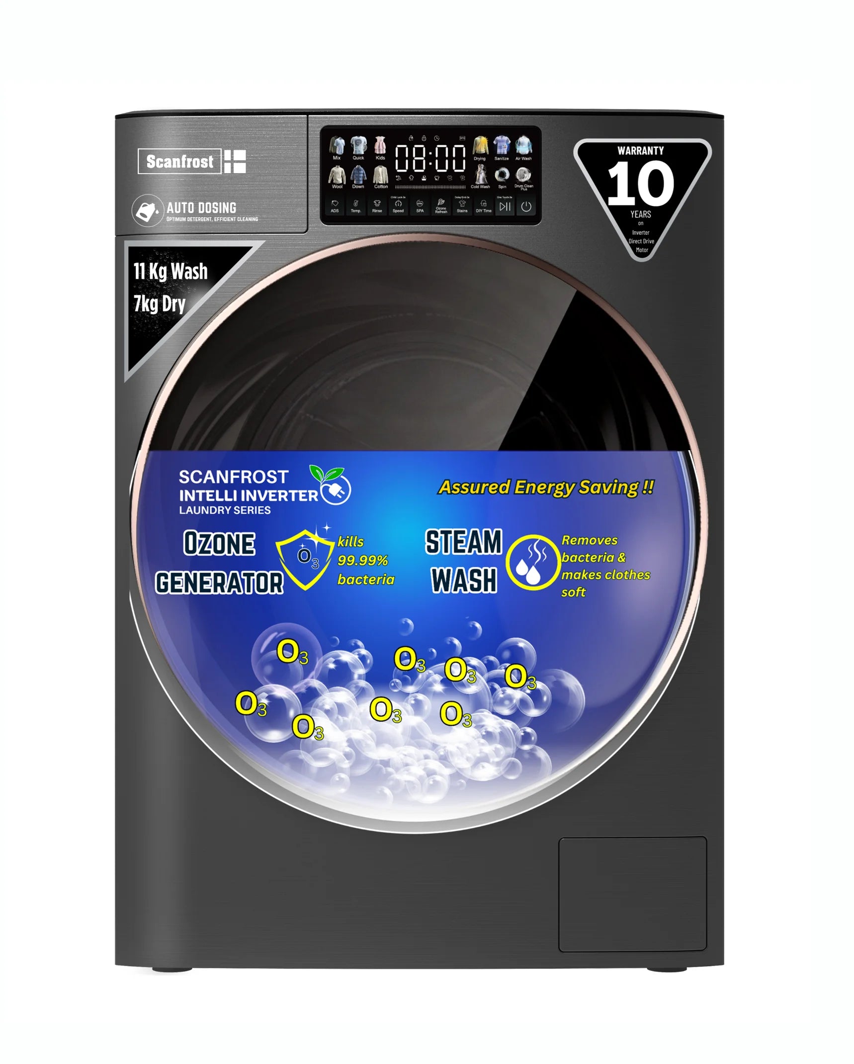 Scanfrost Sfwd117Invme - 11Kg - 7Kg Inverter Washer & Dryer Combi, Dark Gray, Ozen Steam, Chromed Double Door