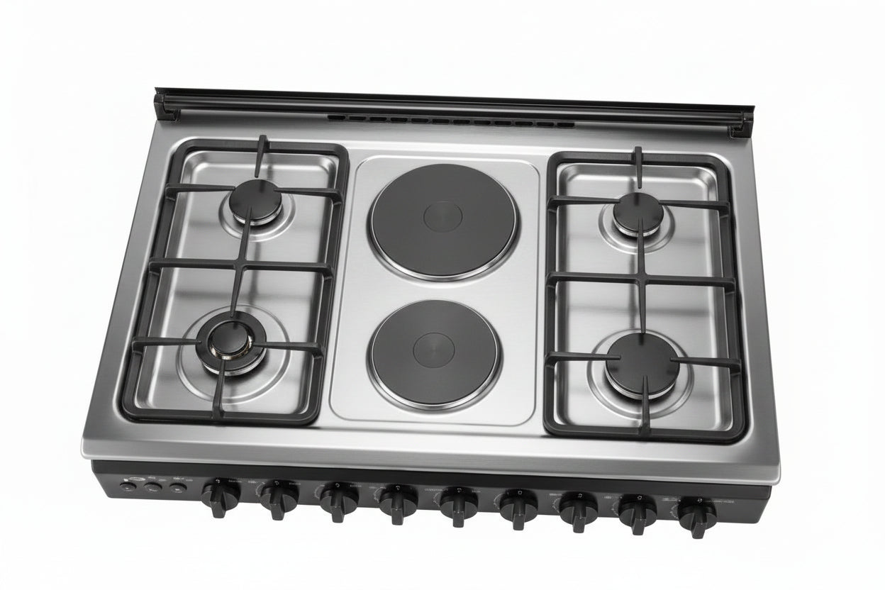 BRUHM GAS COOKER BGC-9642IN, 90X60, 4 BURNERS + 2 HOT PLATESBLACK TOP, WOODEN COLOR