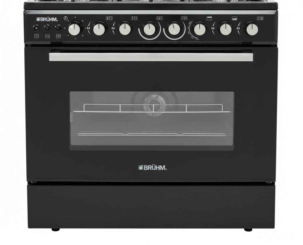 BRUHM GAS COOKER BGC-9642IN, 90X60, 4 BURNERS + 2 HOT PLATESBLACK TOP, WOODEN COLOR