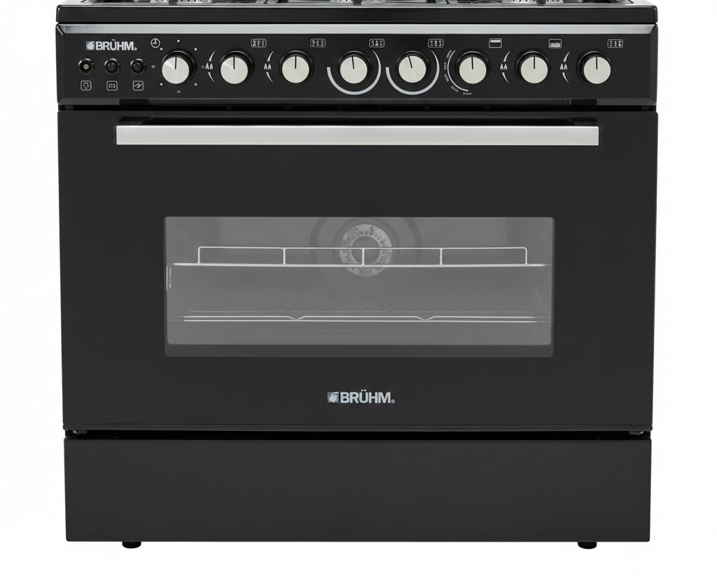 BRUHM GAS COOKER BGC-9642IN, 90X60, 4 BURNERS + 2 HOT PLATESBLACK TOP, WOODEN COLOR
