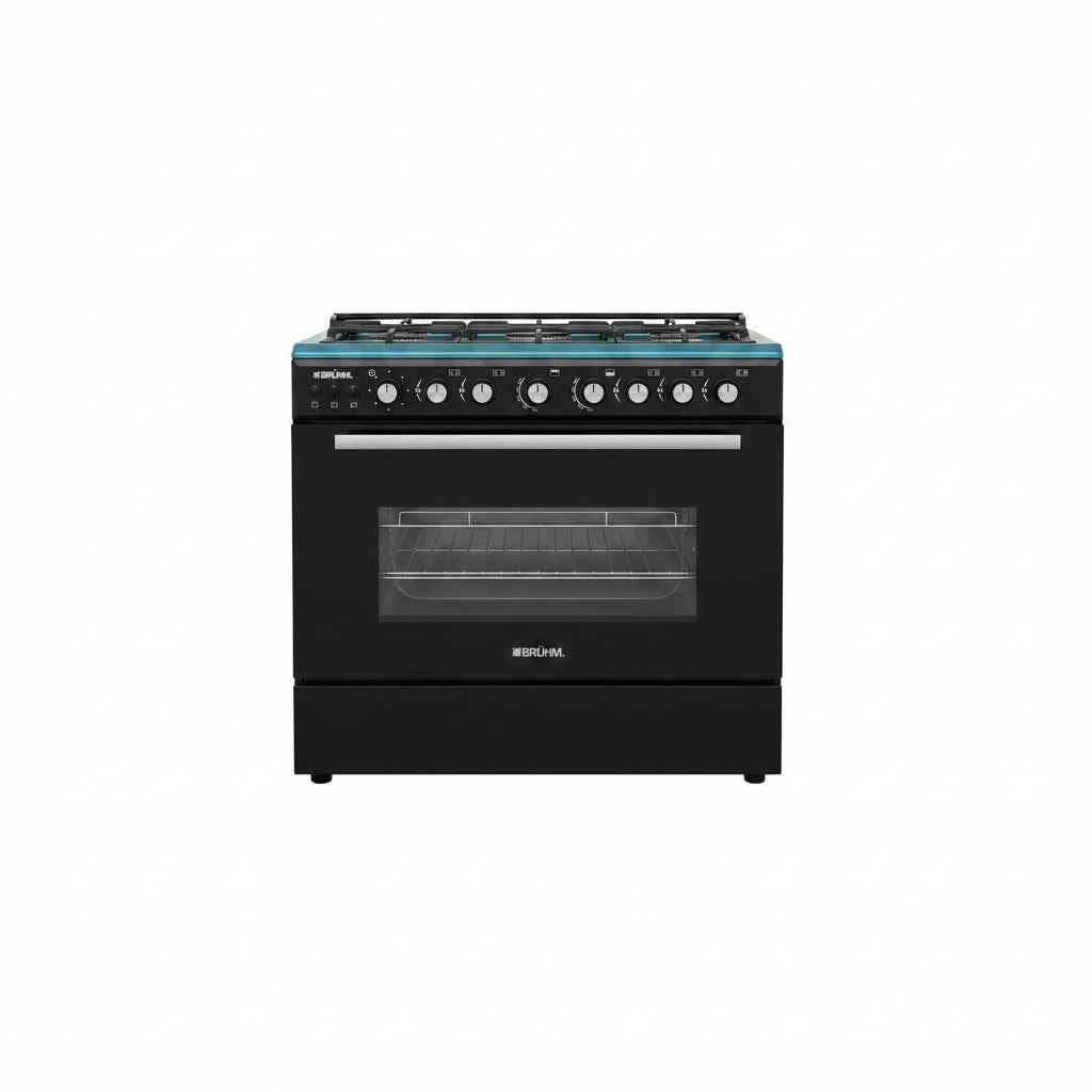 BRUHM-GAS COOKER BGC-9650IB 9060 5 BURNERS STAINLESS STEEL TOP, BLACK COLOR,