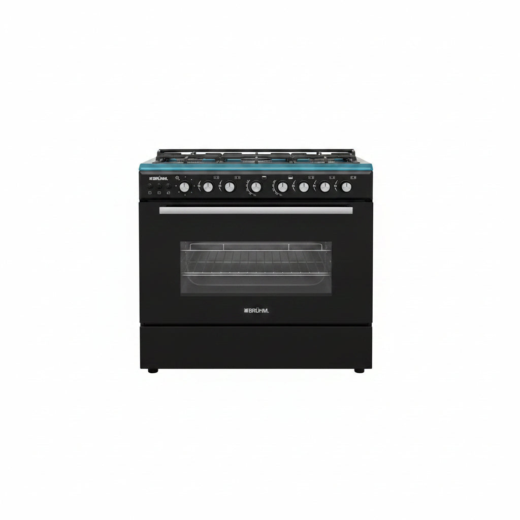BRUHM-GAS COOKER BGC-9650IB 9060 5 BURNERS STAINLESS STEEL TOP, BLACK COLOR,